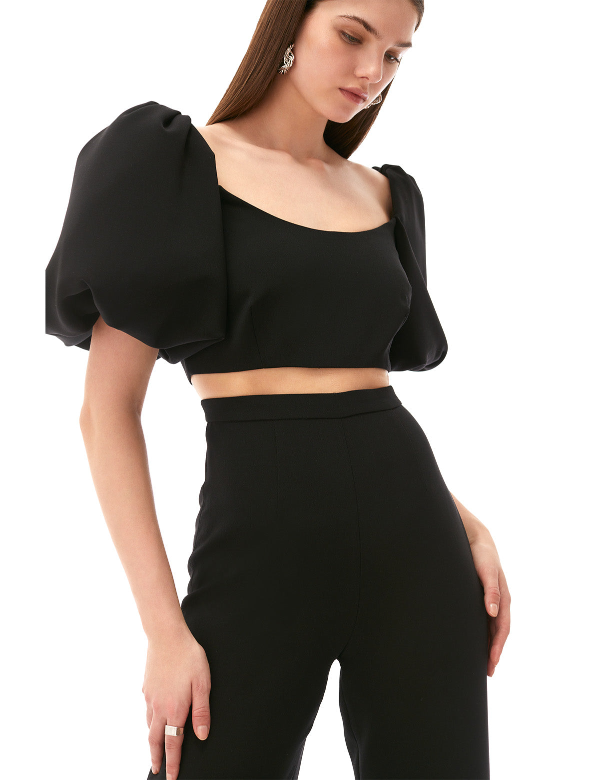 black lexi short puff sleeve jumpsuit - women's figure flattering designer fashion elegant evening jumpsuits