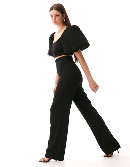 black lexi short puff sleeve jumpsuit - women's figure flattering designer fashion date night jumpsuits