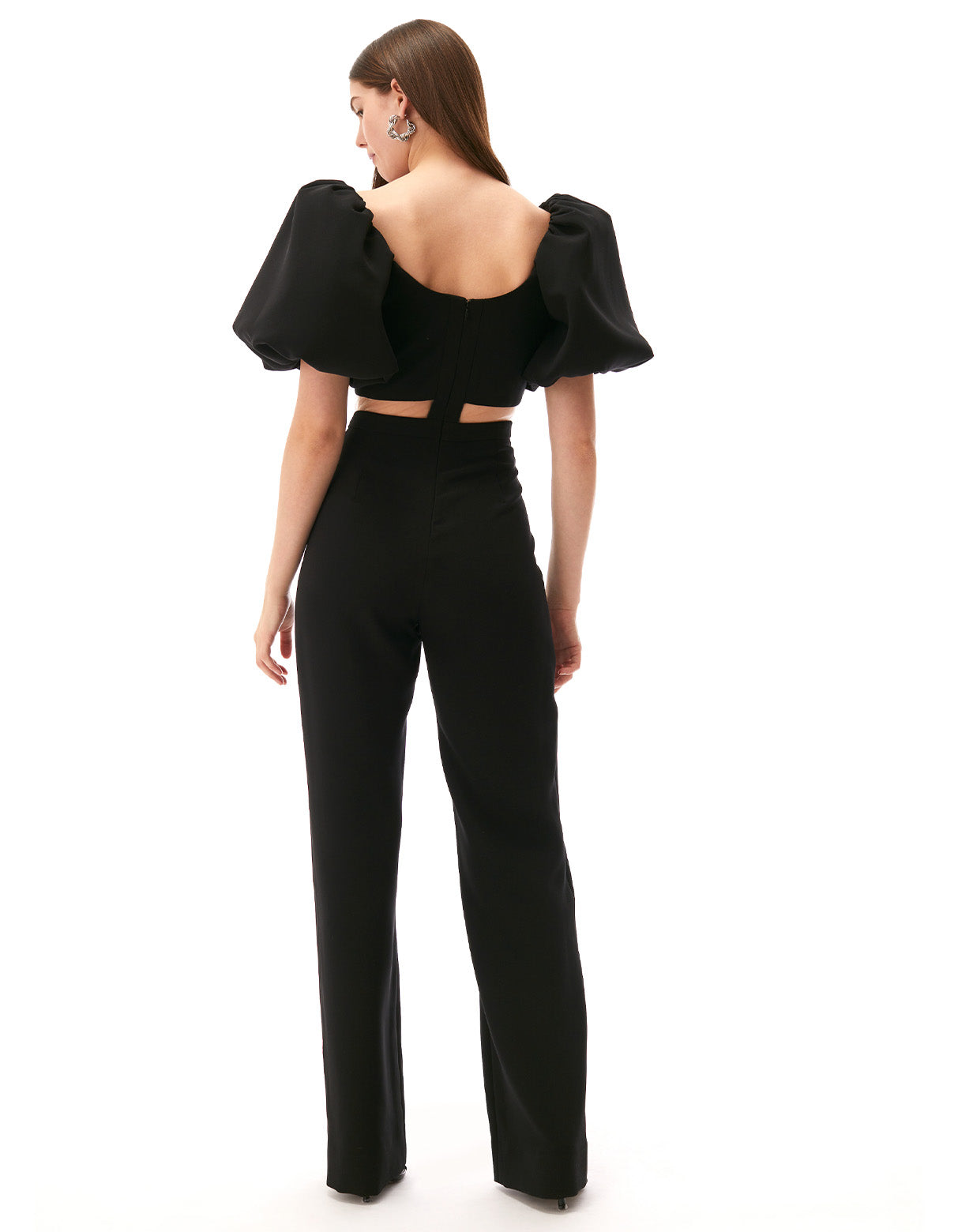 black lexi short puff sleeve jumpsuit - figure flattering designer fashion office to date night jumpsuits for women