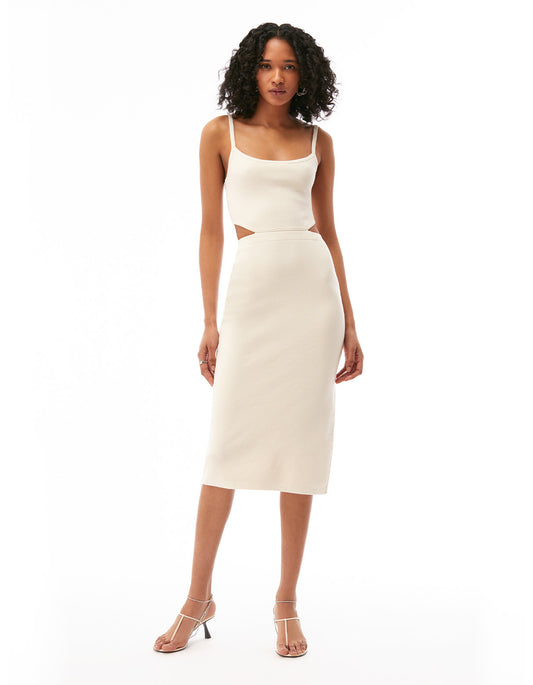 lois cut out bodycon midi knit tank dress creme off white - flattering summer cruise wear dresses for women designer fashion