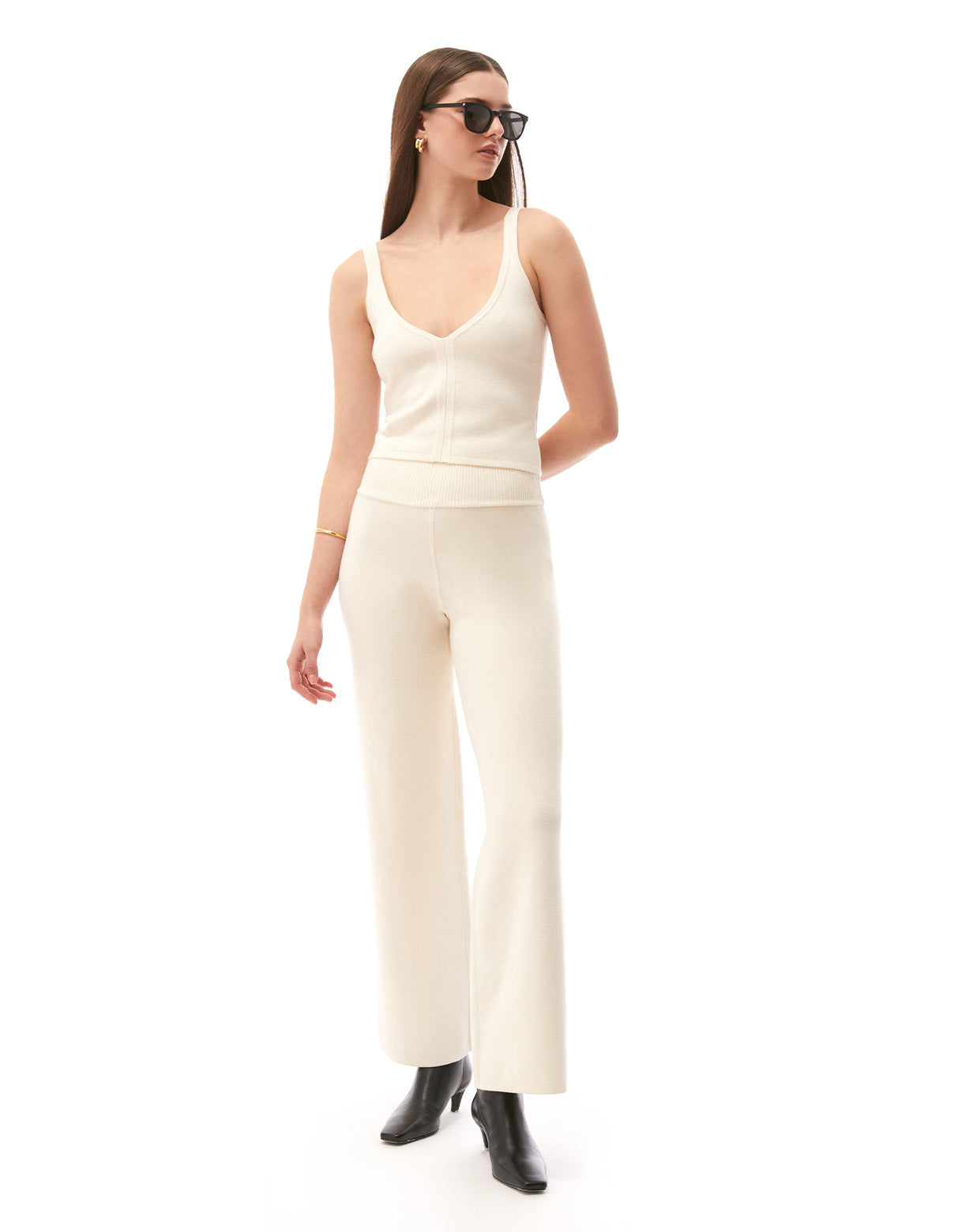 marla boot cut pant pull on knit off white cream - flattering designer fashion summer vacation cruisewear pants for women