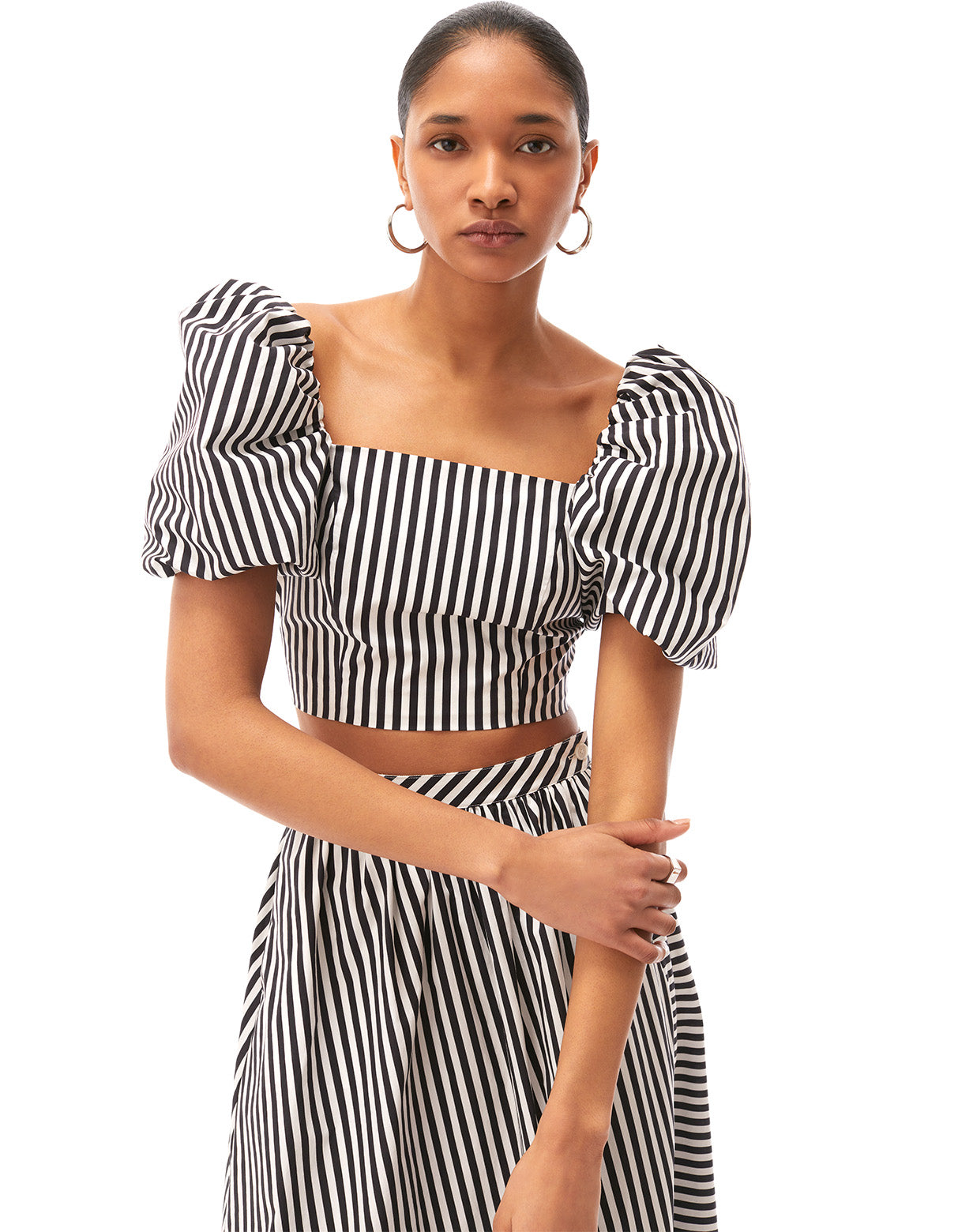 mira puff sleeve crop top jet black optic white stripes - women's figure flattering summer brunch tops designer fashion 