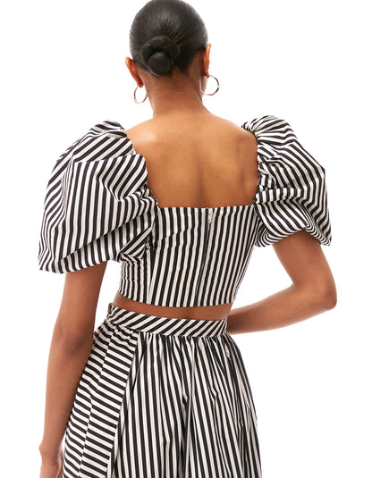mira puff sleeve crop top jet black optic white stripes - women's figure flattering designer summer day to night tops