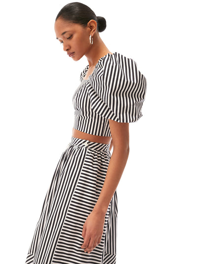 mira puff sleeve crop top jet black optic white stripes - summer vacation resort tops for women flattering designer fashion
