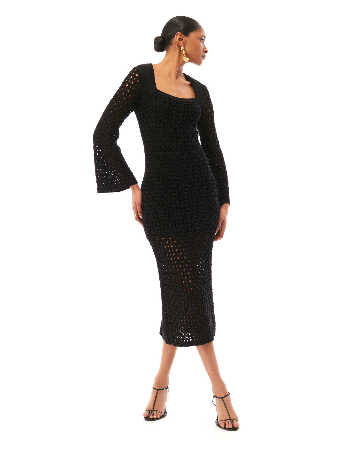 renee long sleeve midi crochet dress jet black - flattering designer resort wear for women