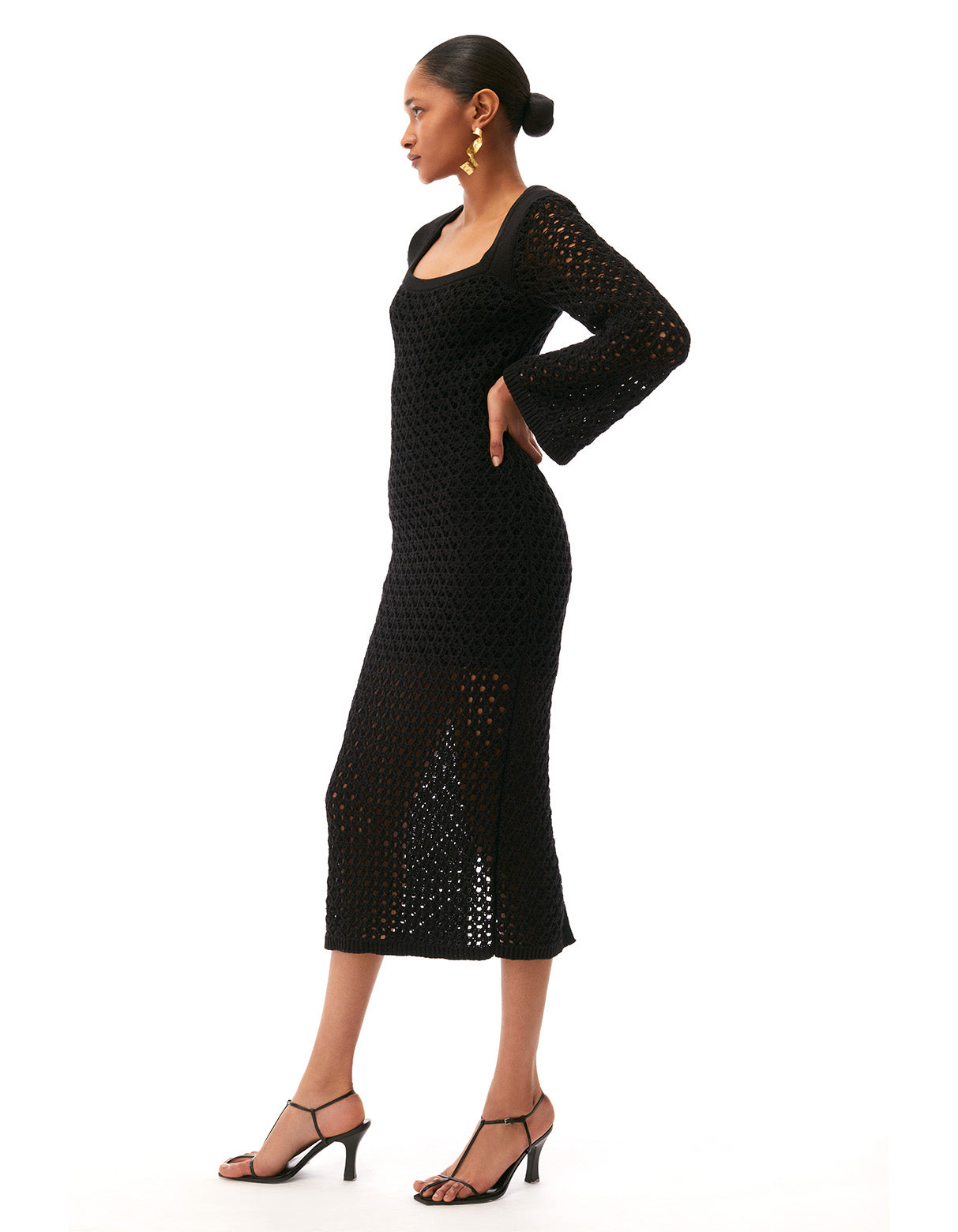 renee long sleeve midi crochet dress jet black - women's figure flattering lightweight summer dresses