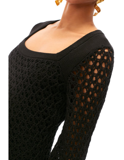 renee long sleeve midi crochet dress jet black - women's figure flattering designer fashion beach vacation dresses