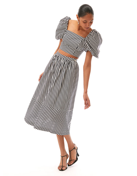 stacey stripe midi skirt jet black optic white stripes - women's flattering designer summer skirts
