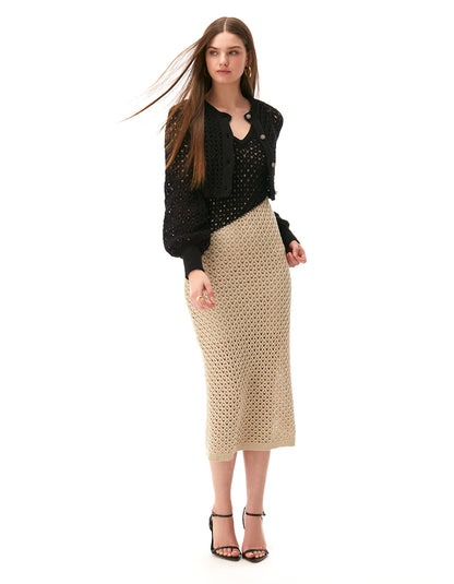 tori blouson sleeve cropped cardi jet black crochet - cute work cardigans for women