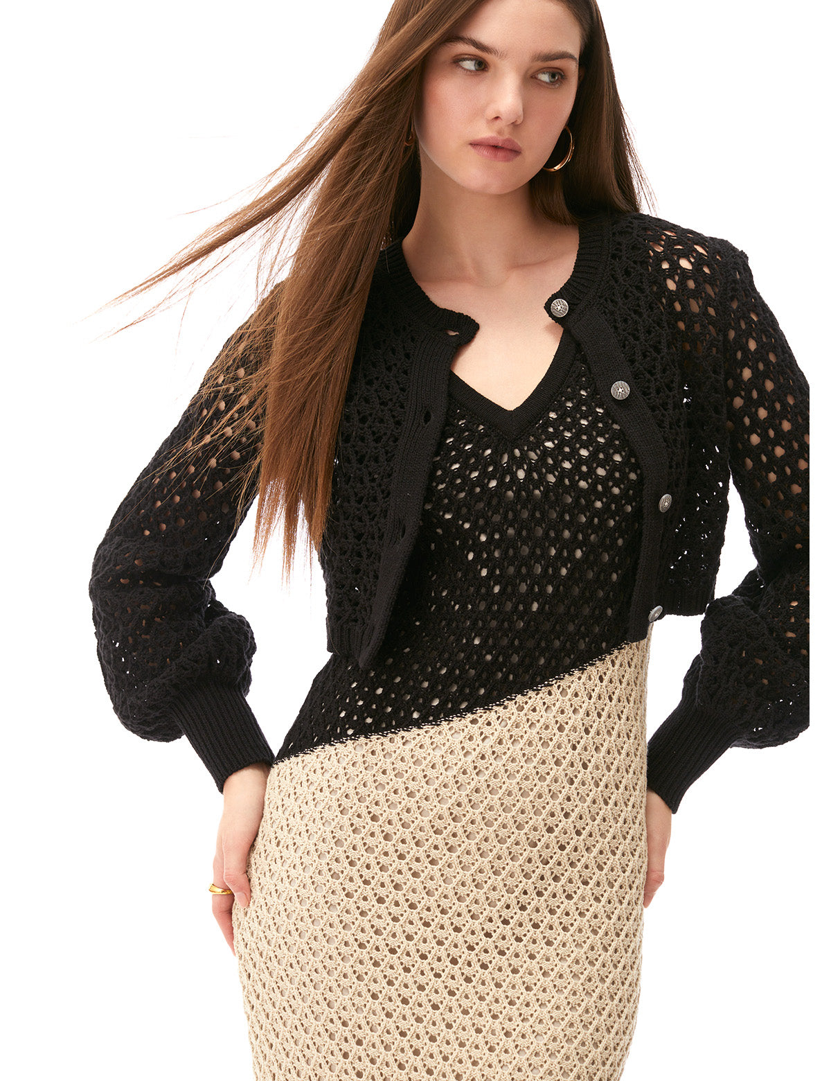 tori blouson sleeve cropped crochet cardi jet black - summer resort cardigans for women